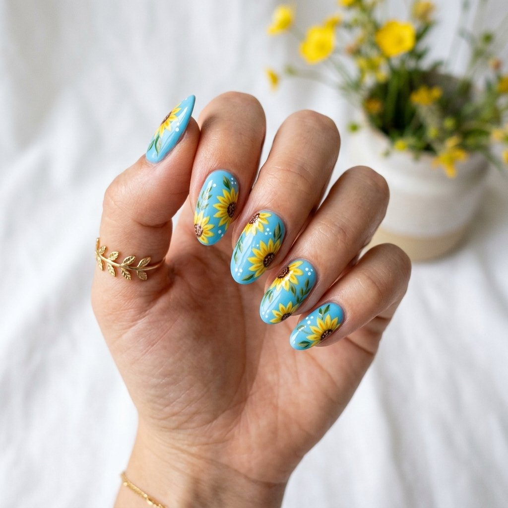 Bright Summer Acrylic Nails with Sunflowers