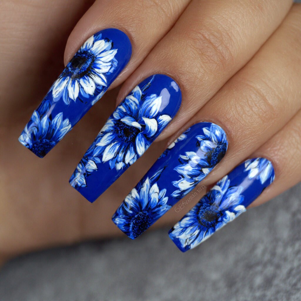 32 Top Blue and White Floral Nail Designs: Elegant Flower Art to Try 6 Bold Royal Blue Sunflowers