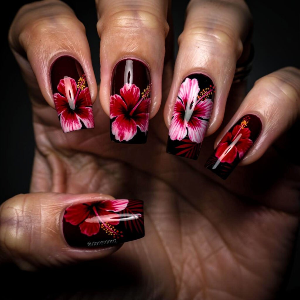 Dark Hibiscus Nails