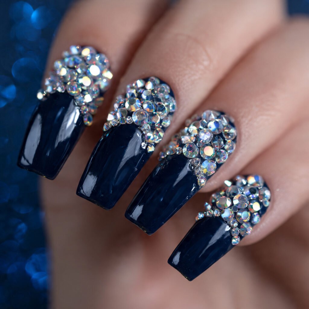 Glamorous Navy Blue Rhinestone Nail Ideas