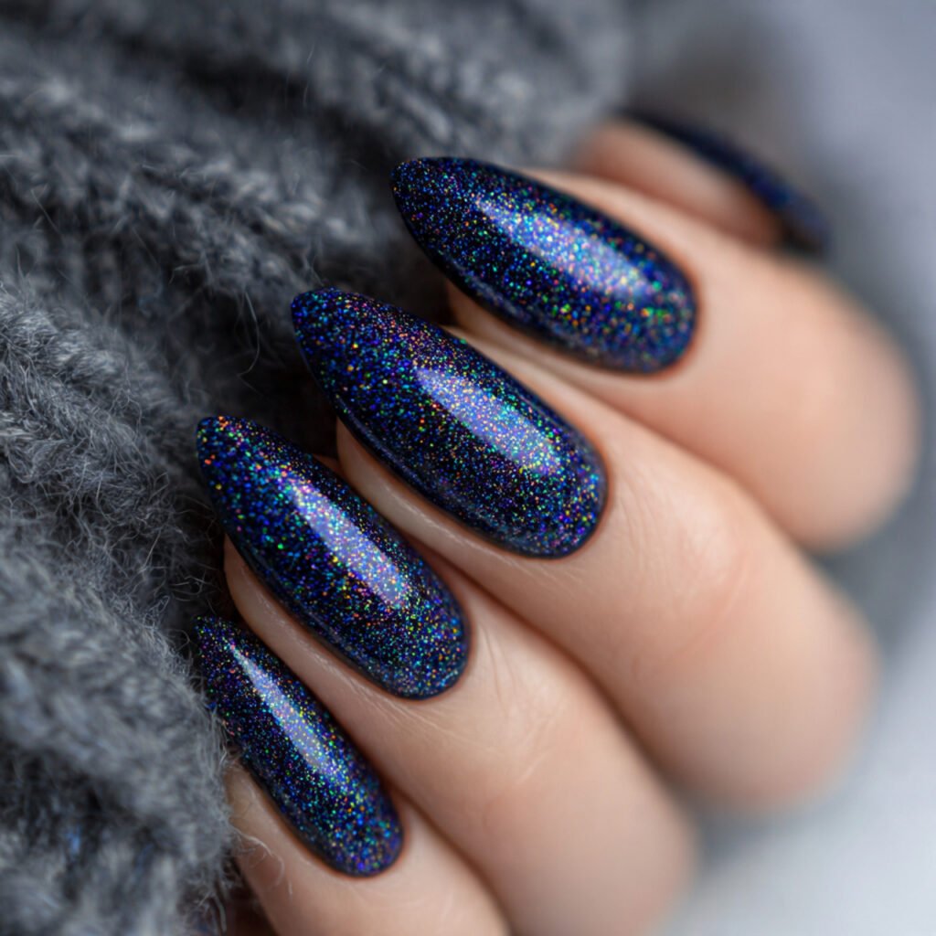 Iridescent Navy Blue Holographic Nail Ideas