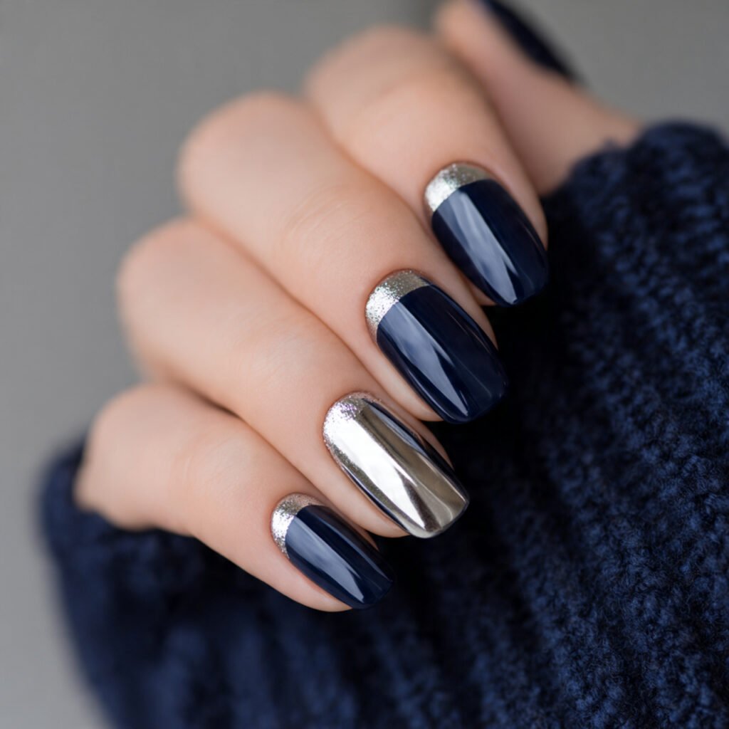 Sleek Navy Blue and Silver Nail Ideas
