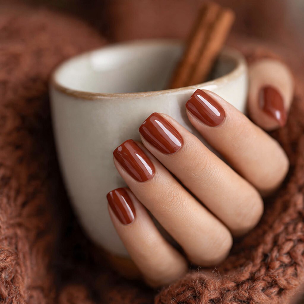 a cozy close up shot of warm cinnamon spice nails