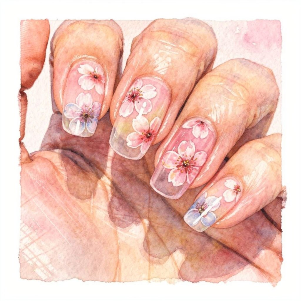 Cherry Blossom Watercolor Nail Designs