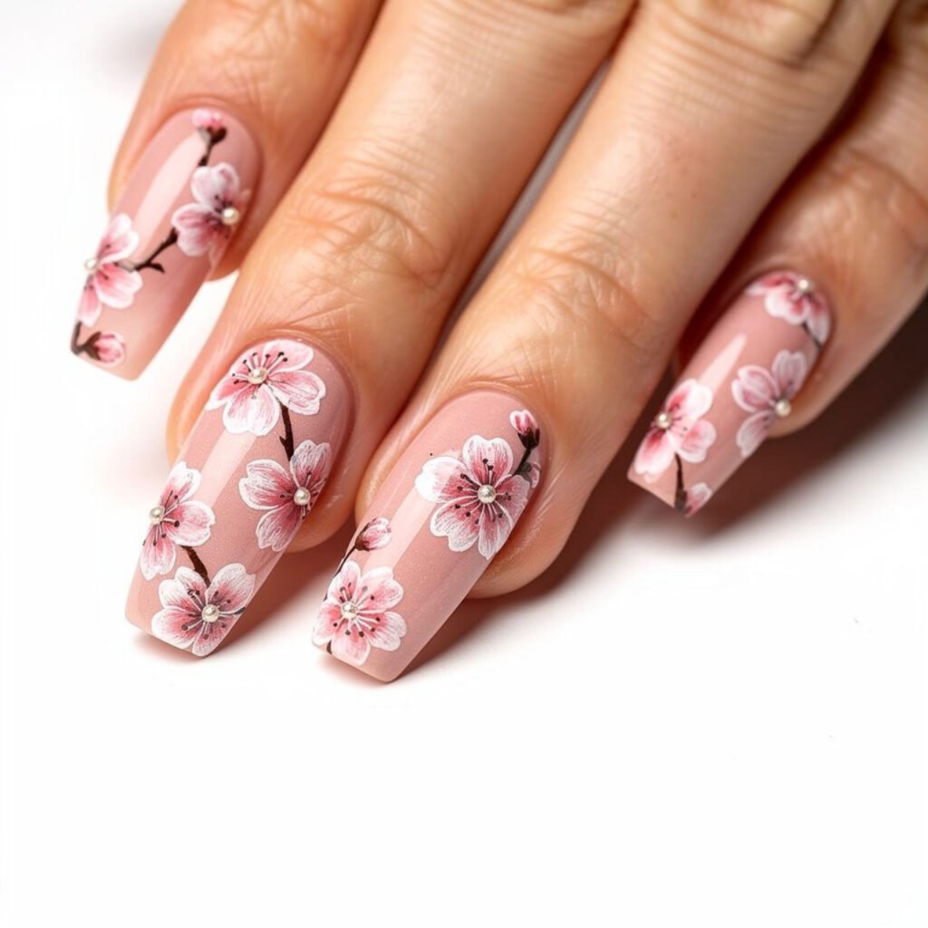 Cherry Blossom Coffin Nails