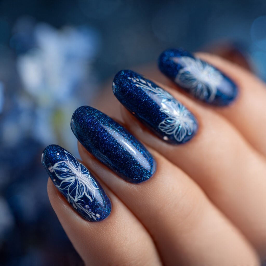 32 Top Blue and White Floral Nail Designs: Elegant Flower Art to Try 17 Sparkling Blue Glazed Lilies