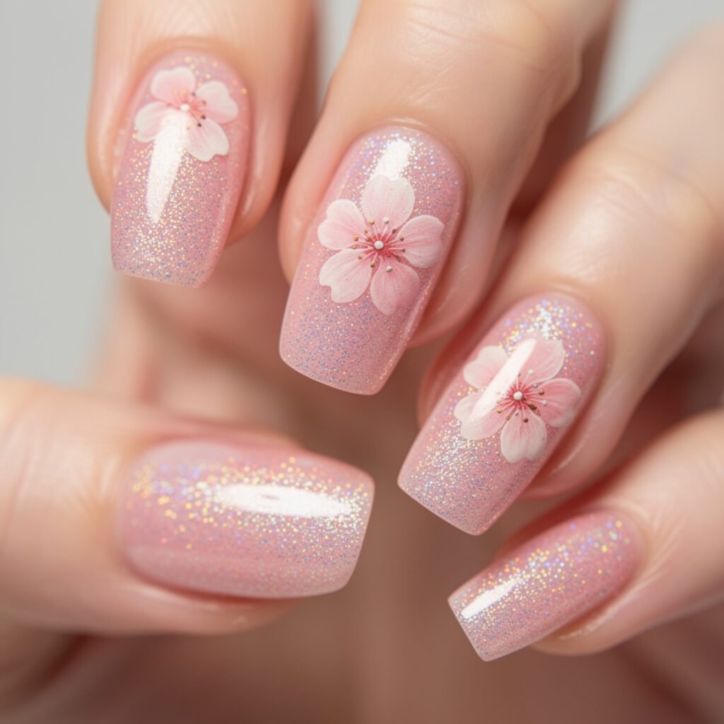 Cherry Blossom Nails with Glitter