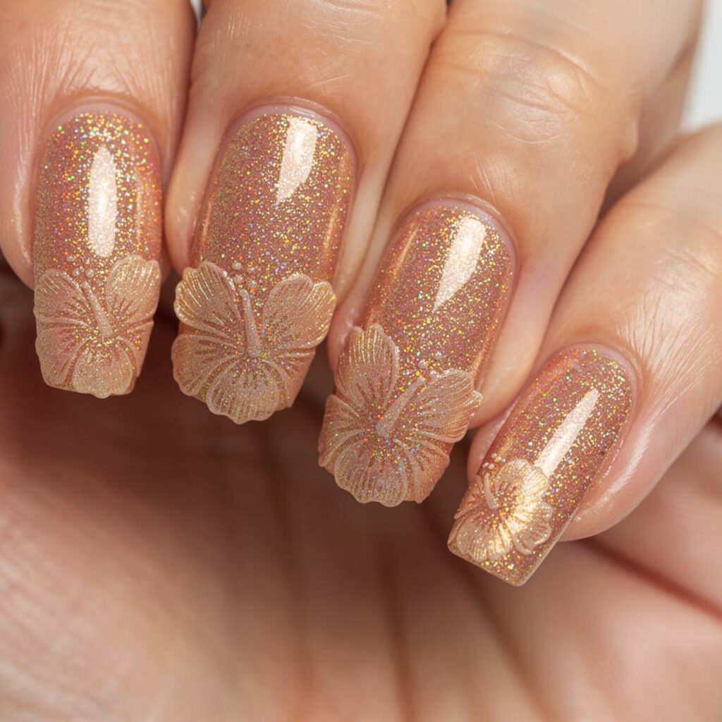 Hibiscus Nails with Glitter