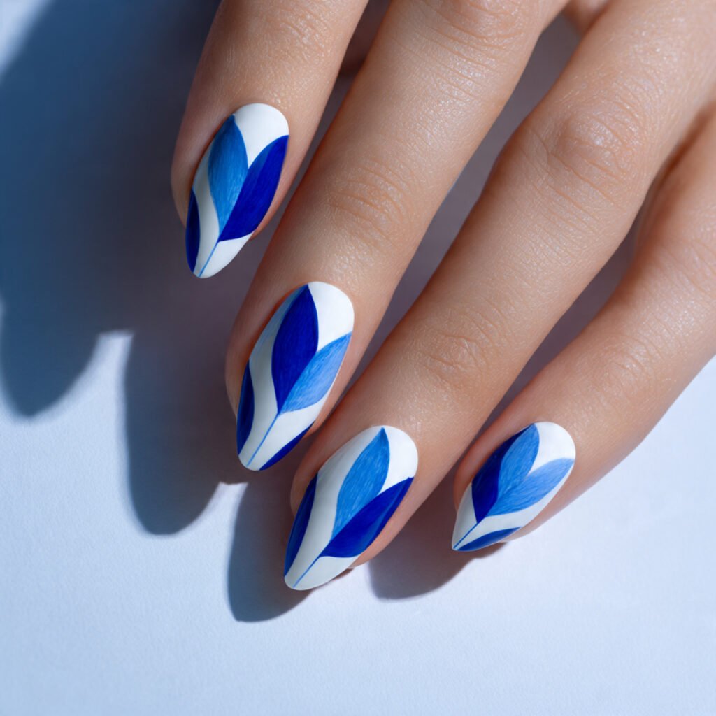 32 Top Blue and White Floral Nail Designs: Elegant Flower Art to Try 25 Modern Geometric Blue Petals