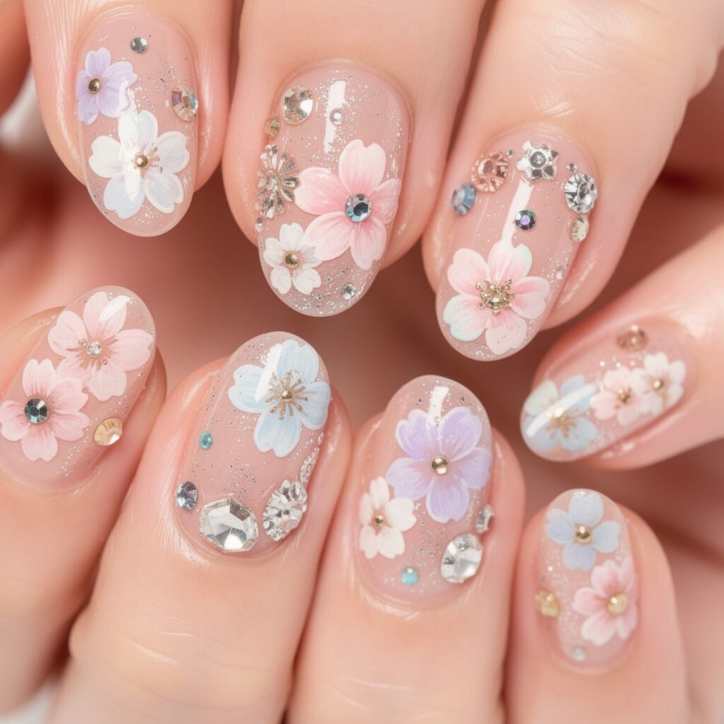 Cherry Blossom Nails with Rhinestones