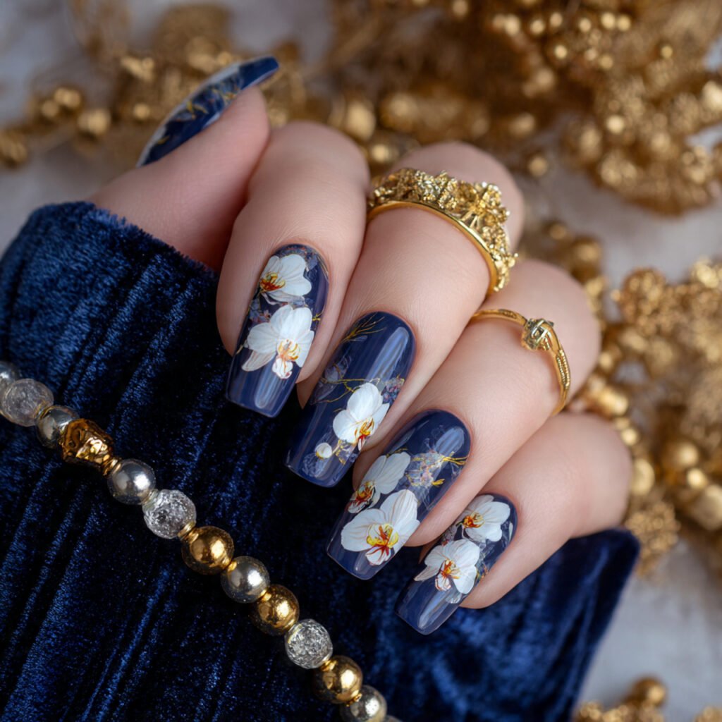32 Top Blue and White Floral Nail Designs: Elegant Flower Art to Try 28 Sophisticated Navy Orchid Art
