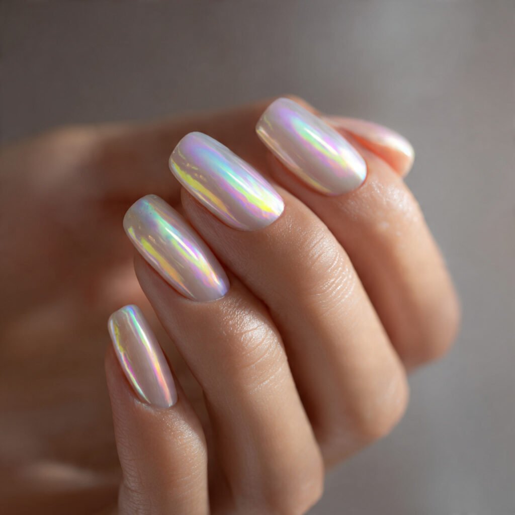 a mesmerizing shot of iridescent pearl nails with