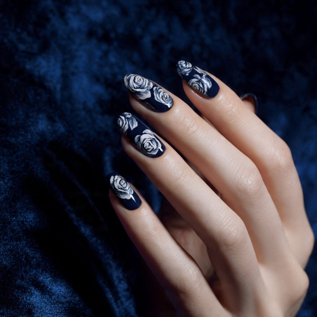 32 Top Blue and White Floral Nail Designs: Elegant Flower Art to Try 4 Navy and White Rose Blooms