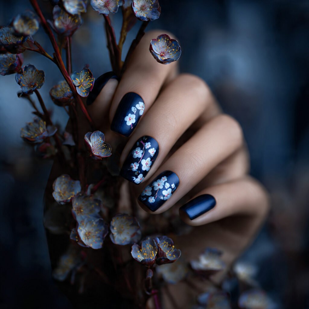32 Top Blue and White Floral Nail Designs: Elegant Flower Art to Try 11 Midnight Blue Night Garden