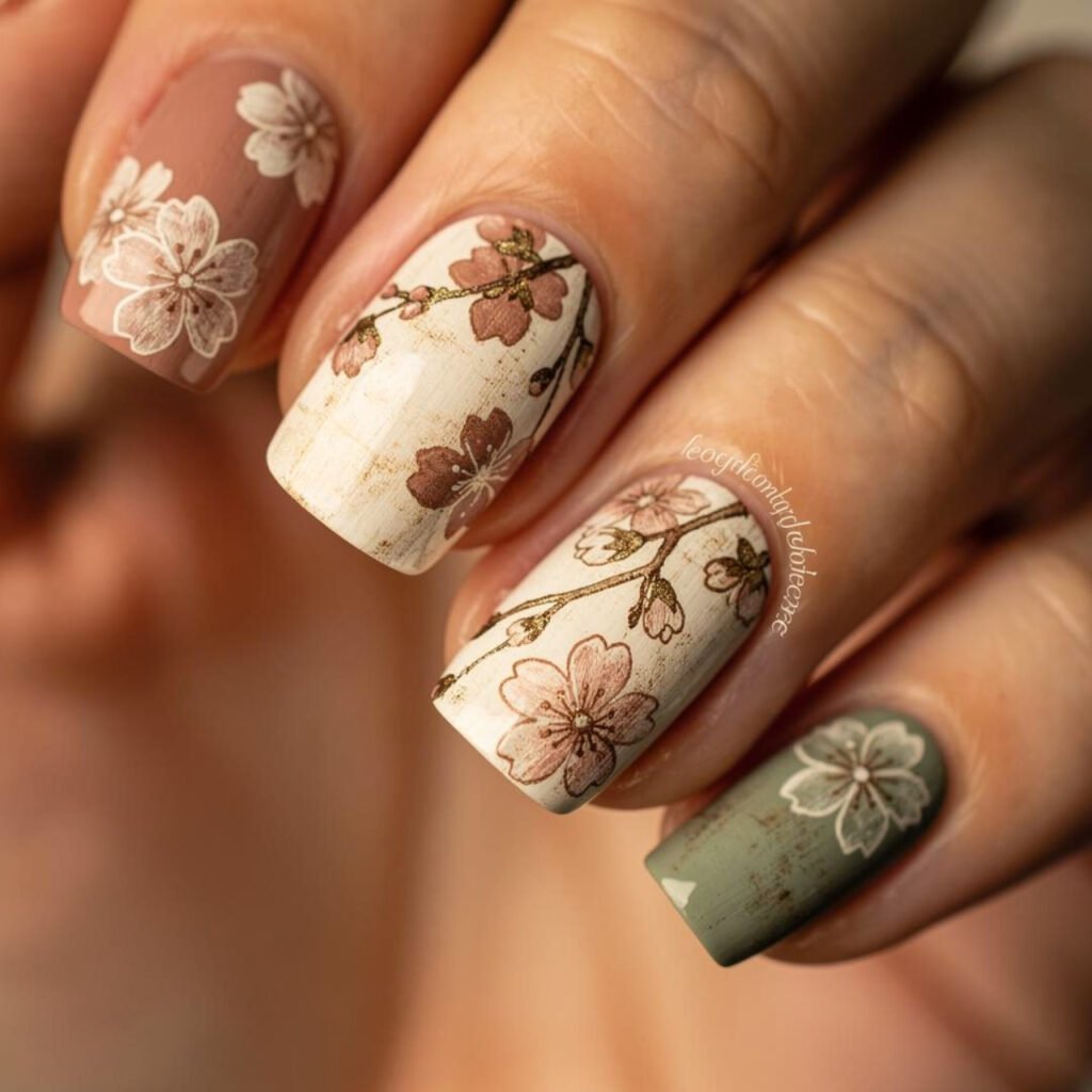 Vintage Cherry Blossom Nail Art
