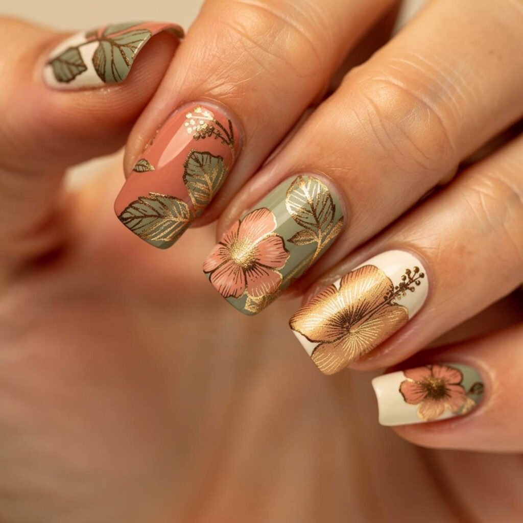 Vintage Hibiscus Nail Art
