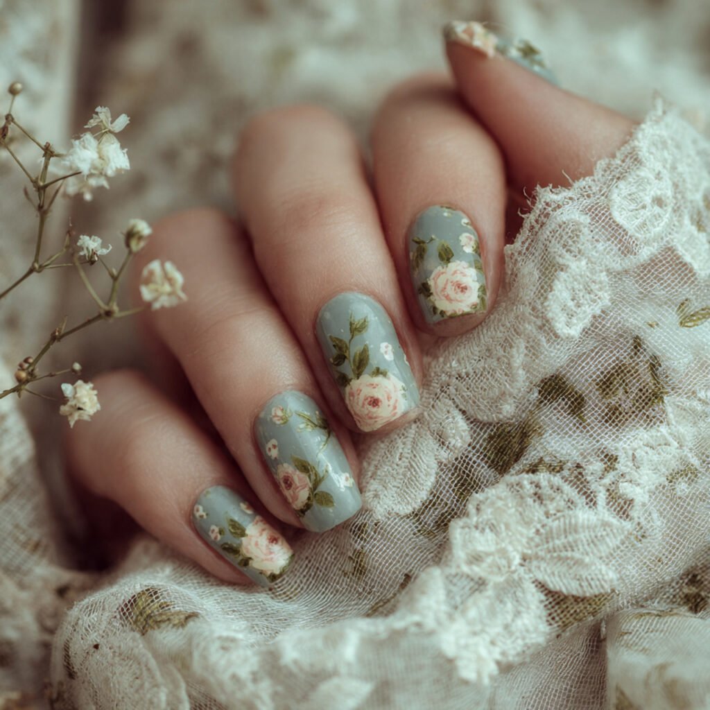 32 Top Blue and White Floral Nail Designs: Elegant Flower Art to Try 9 Vintage Tea Party Floral Style