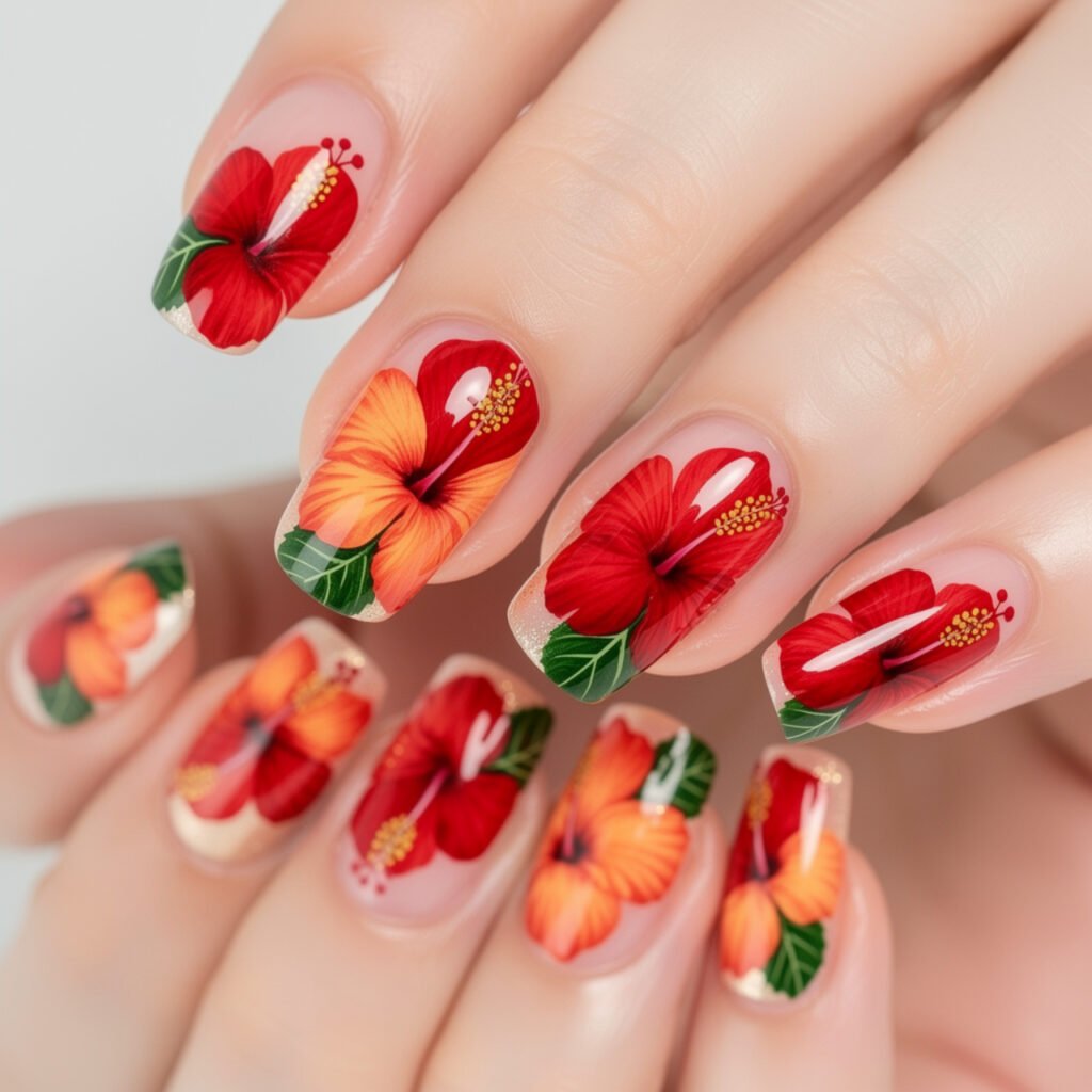 Hibiscus Flower Gel Nails
