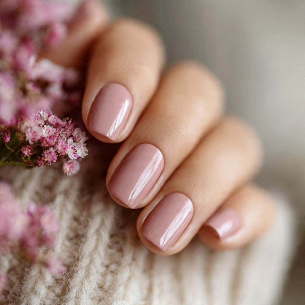 a romantic shot of neutral nails with a soft mauve