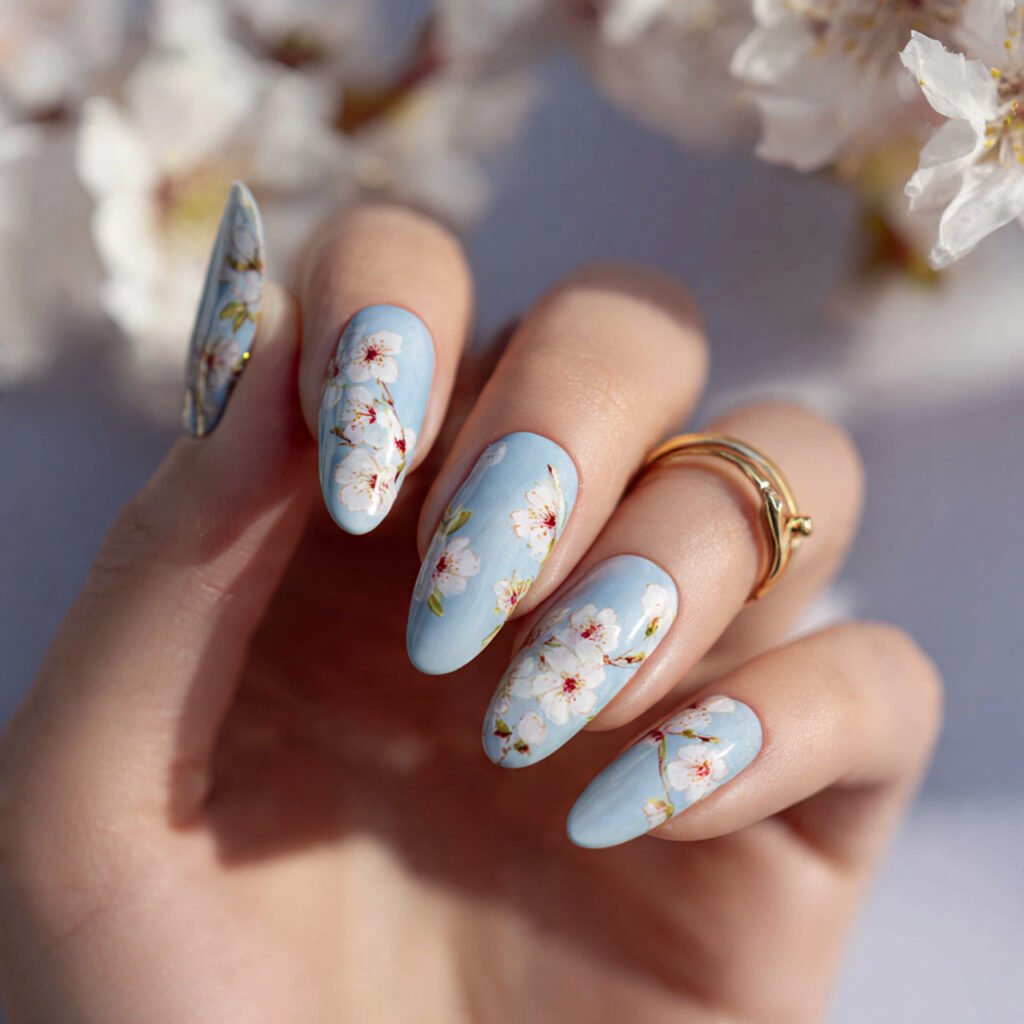 32 Top Blue and White Floral Nail Designs: Elegant Flower Art to Try 14 Pastel Sky Blue Cherry Blossoms