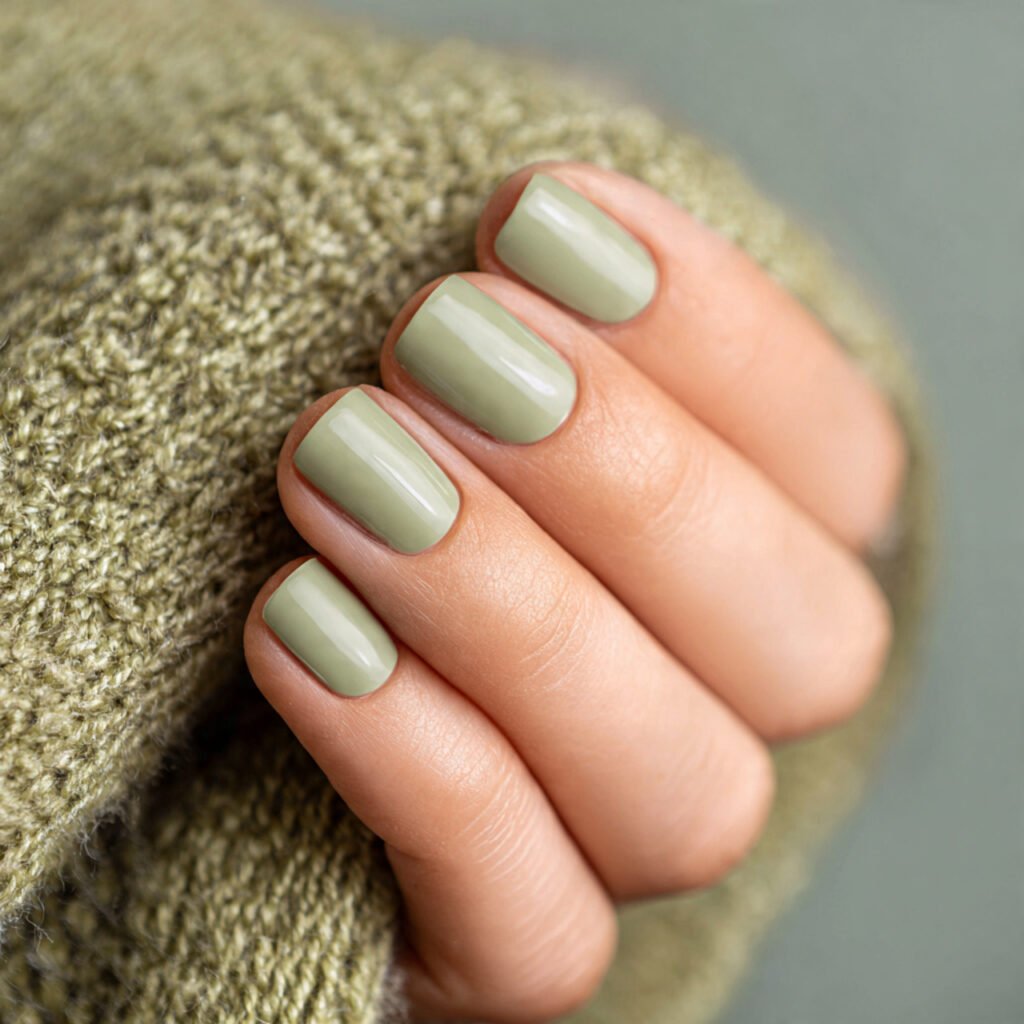 a square image of nails in a muted vintage sage gr