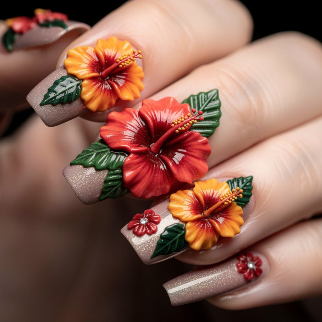 Hibiscus 3D Nail Art Ideas
