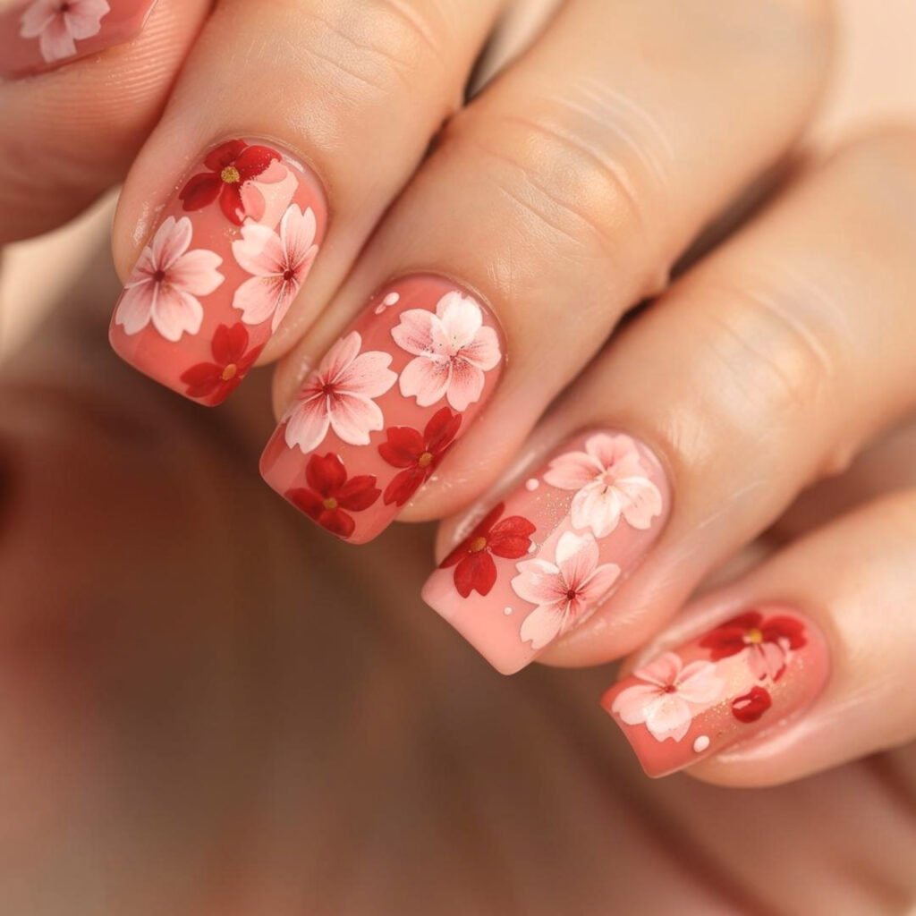 Cherry Blossom Nails with Rhinestones