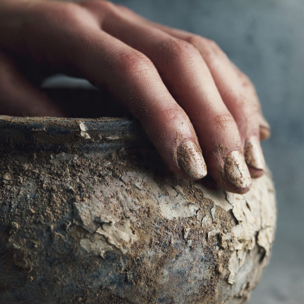 a tactile shot of soft clay nails with an unglazed