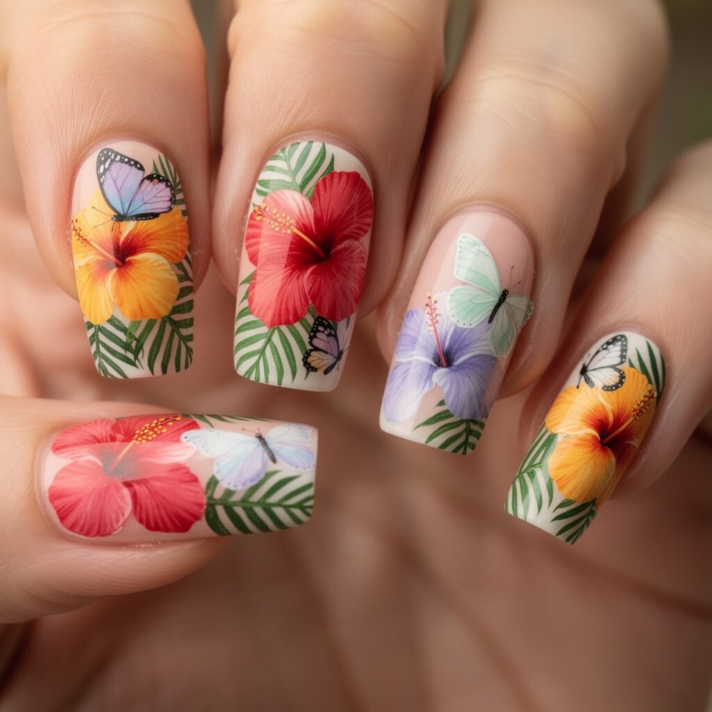 Hibiscus and Butterfly Nails