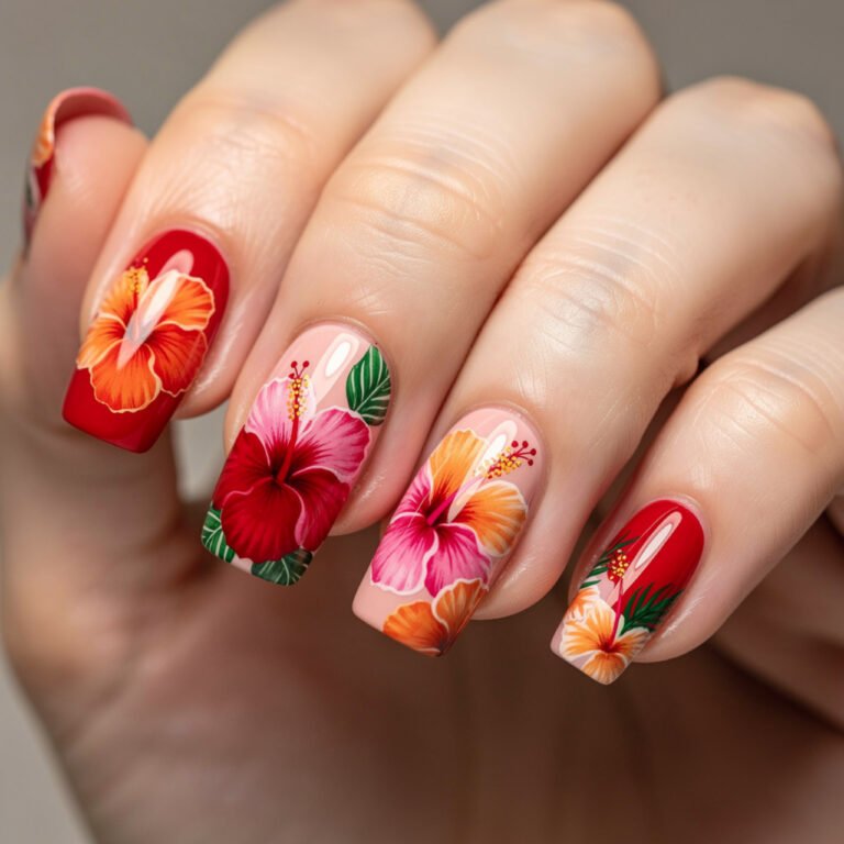 29 Top Hibiscus Flower Nails Ideas for Every Shape, Season and Style 37 hibiscus flower nails