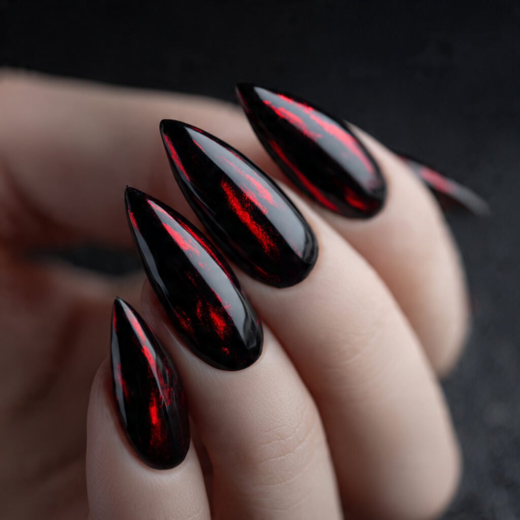 black nails with sharp electric red metallic chrom
