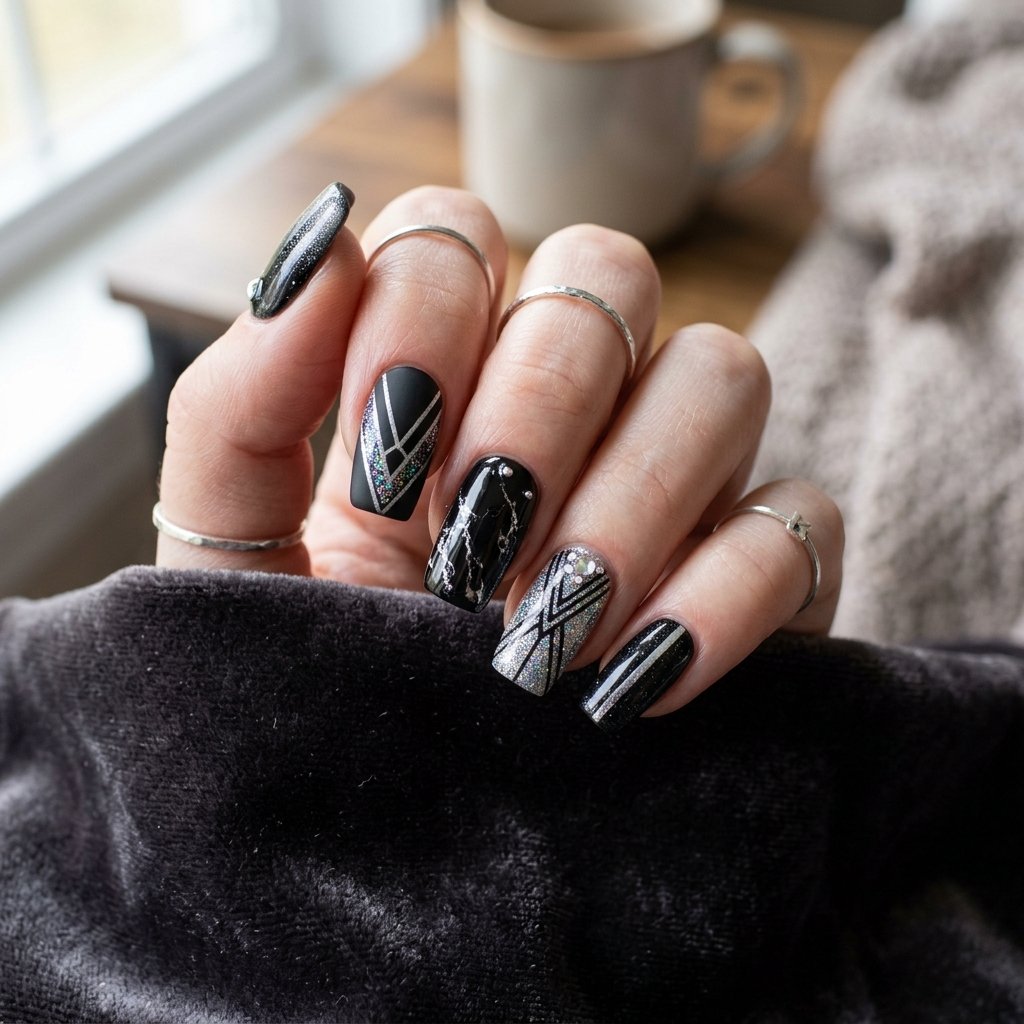 black and silver nails