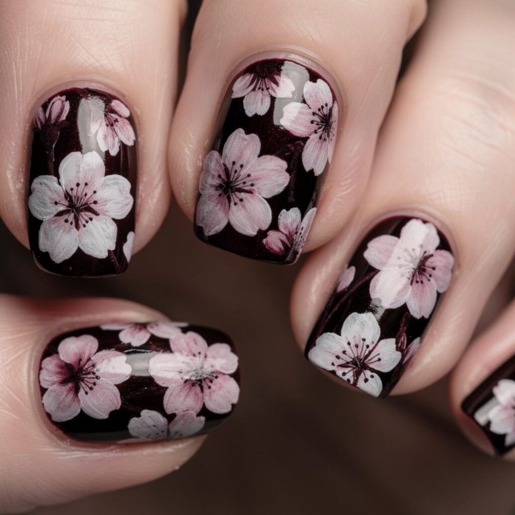 Dark Cherry Blossom Nails