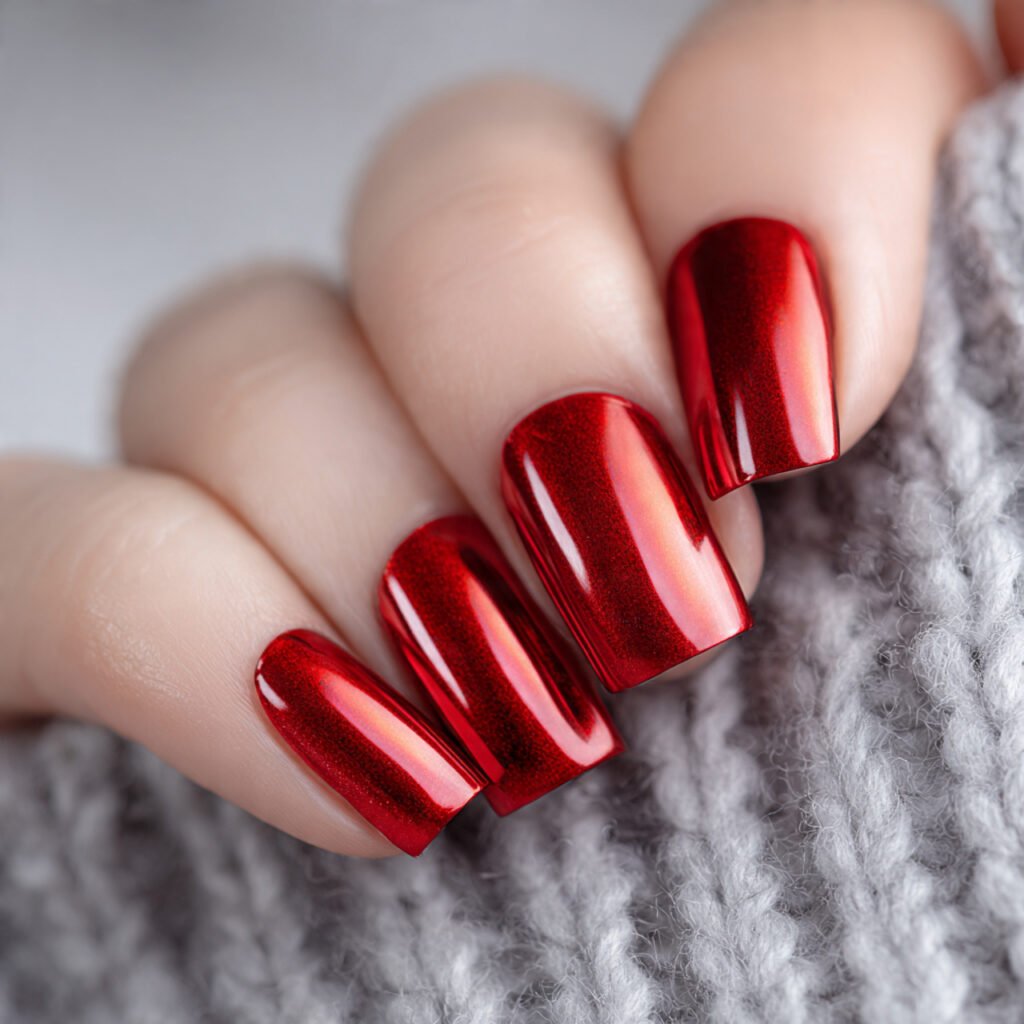bright candy apple red chrome square shaped nails