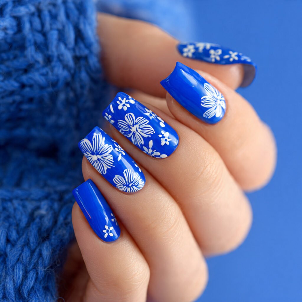 32 Top Blue and White Floral Nail Designs: Elegant Flower Art to Try 27 Vibrant Azure Floral Accents