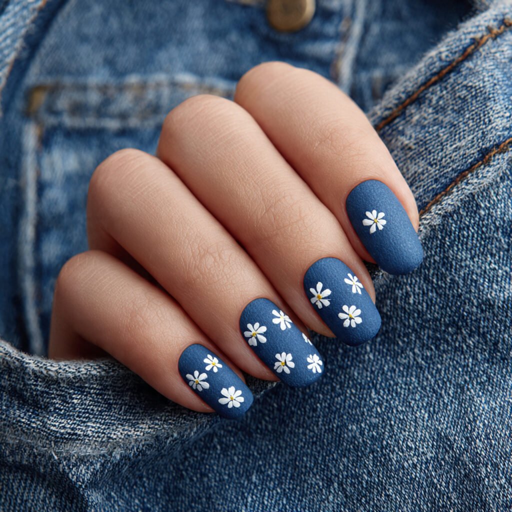 32 Top Blue and White Floral Nail Designs: Elegant Flower Art to Try 26 Soft Denim Blue Floral Textures