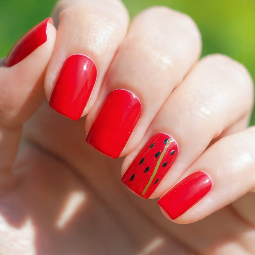 cheerful close up of fingernails painted in a satu