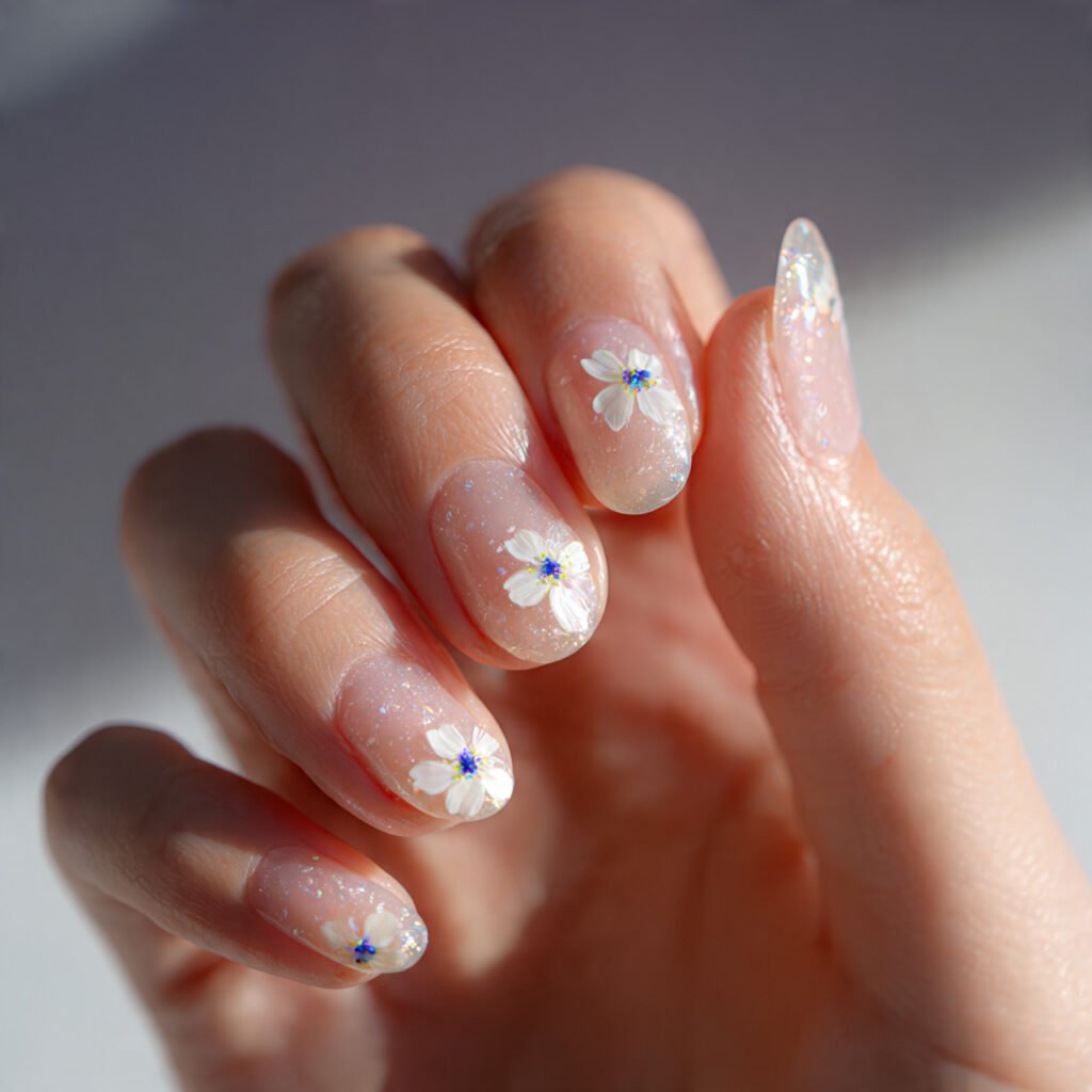 32 Top Blue and White Floral Nail Designs: Elegant Flower Art to Try 12 Sheer Base White Petal Details