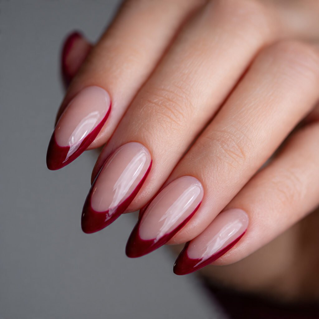 close up of 24 almond shaped nails graceful red fr
