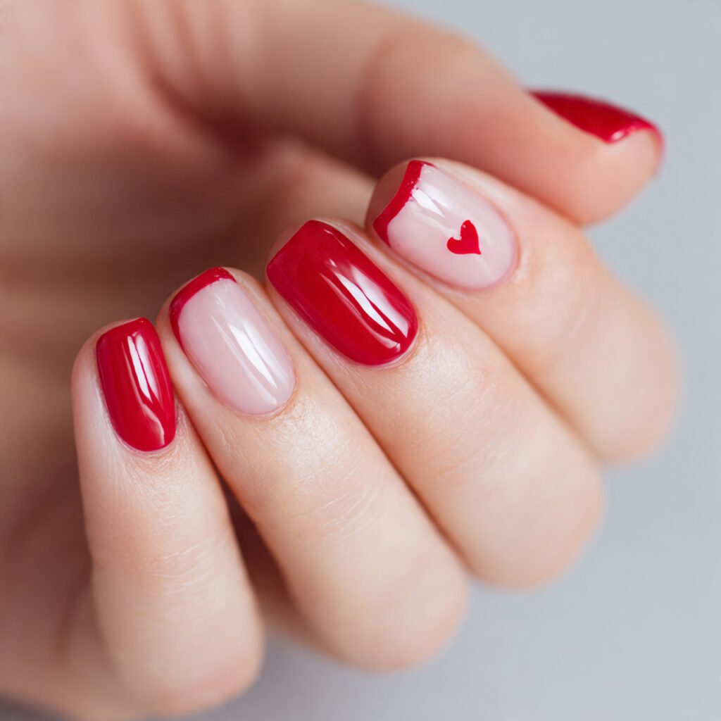 close up of 7 square shaped nails with bright red