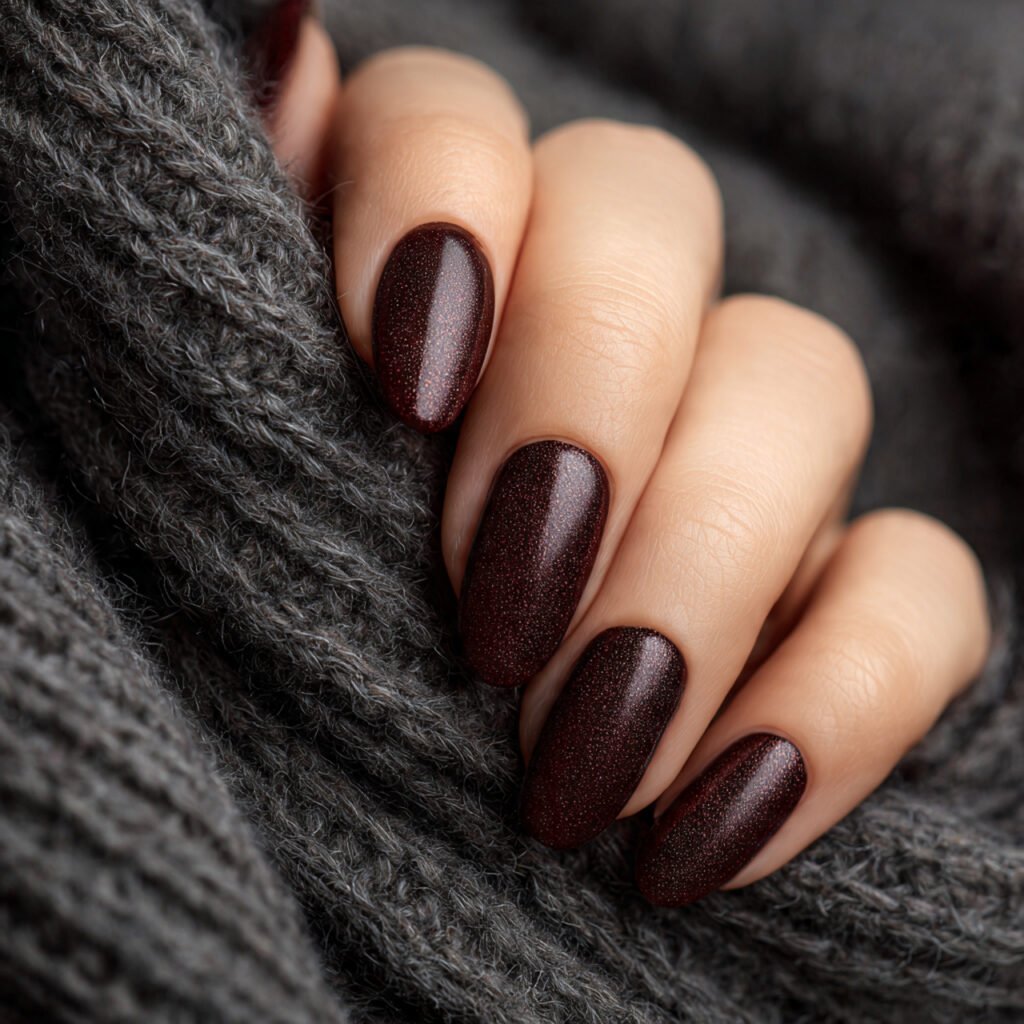 close up of dark maroon nails with a fine metallic