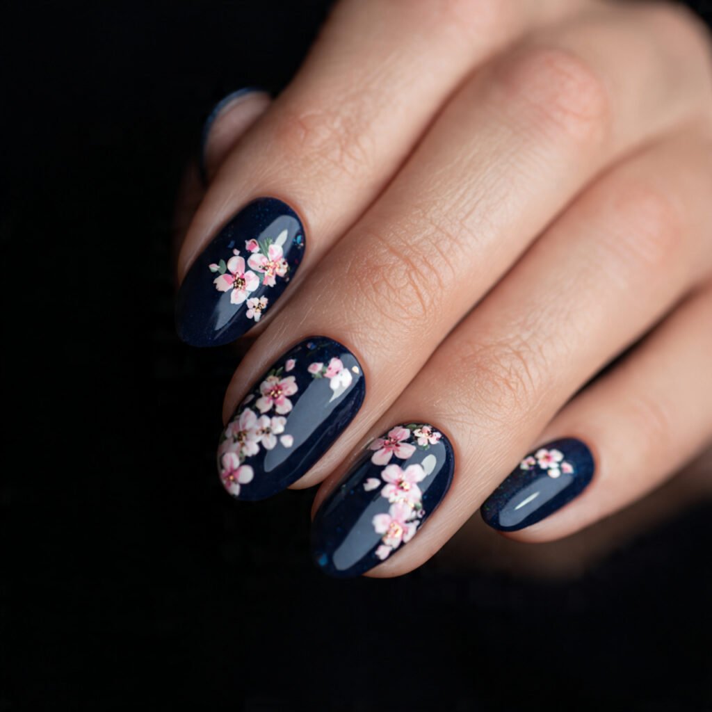 Delicate Navy Blue Floral Nail Ideas