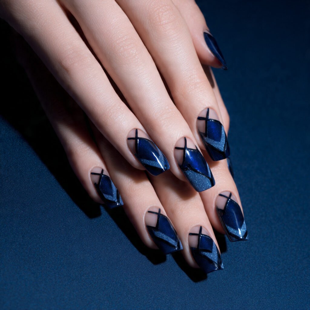 Edgy Navy Blue Negative Space Nail Ideas