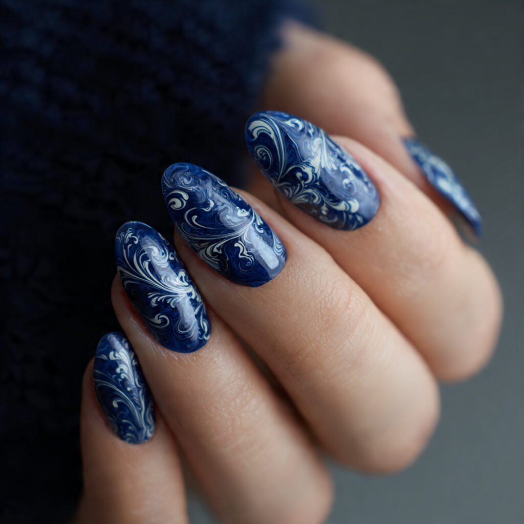 Fluid Navy Blue Swirl Nail Ideas