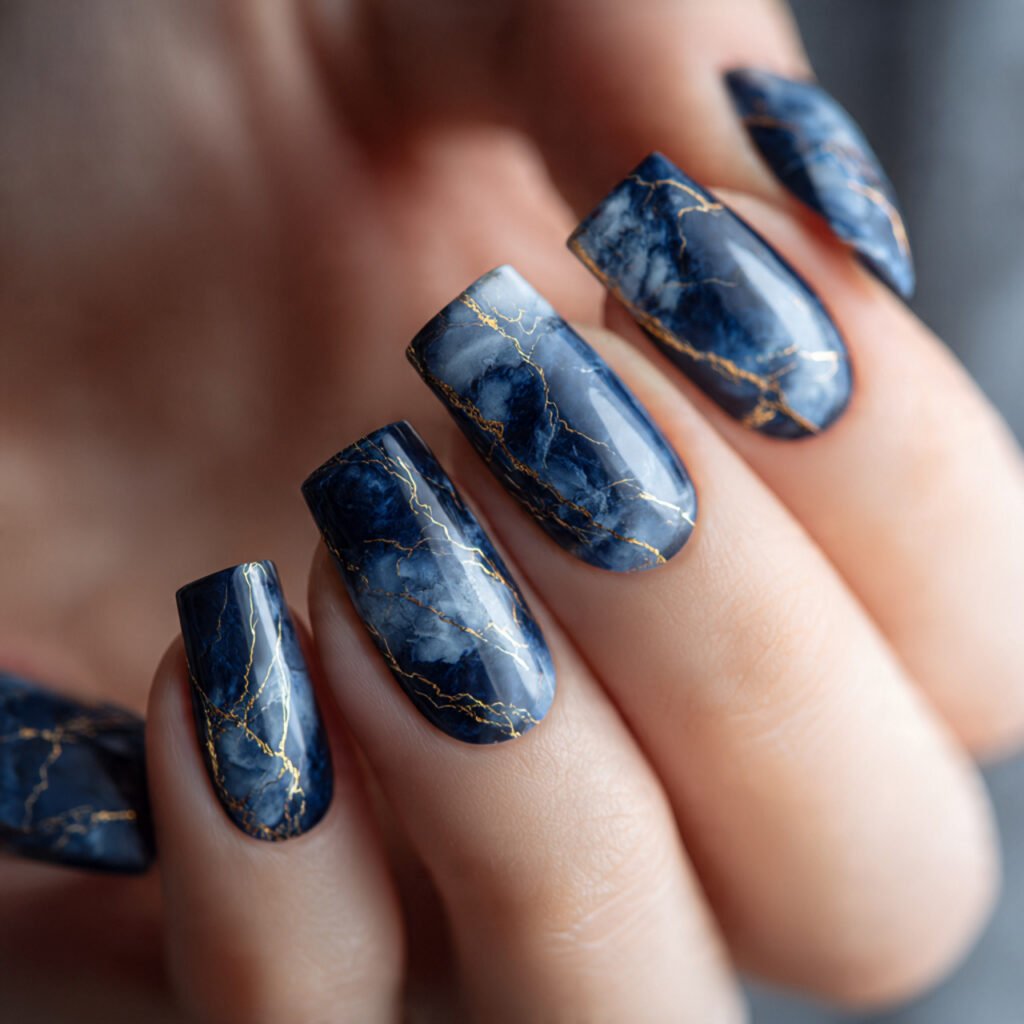 Luxurious Navy Blue Marble Nail Ideas