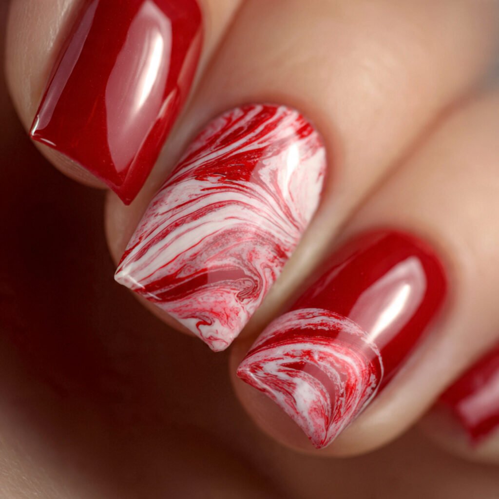 close up of square nail art abstract red swirls fl