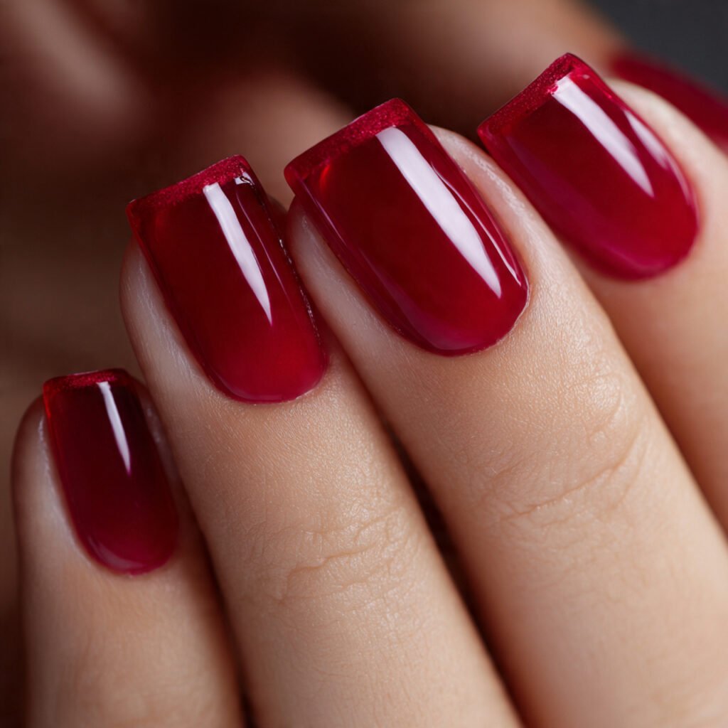 close up of square nail art blood red jelly polish
