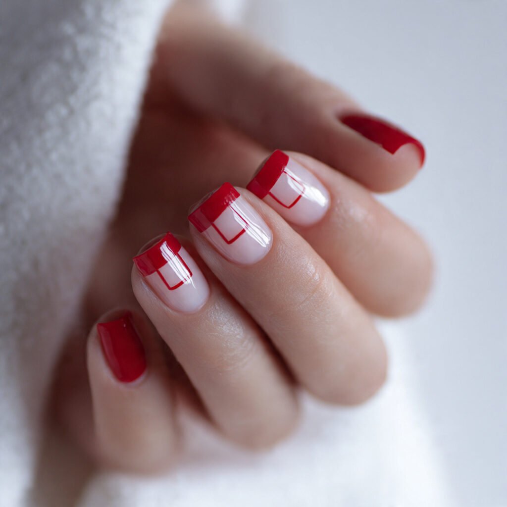 close up of square nail art red french tips with n