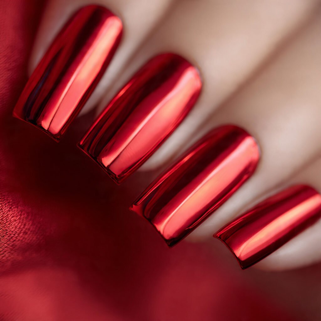 close up of square shaped nail art mirror like red