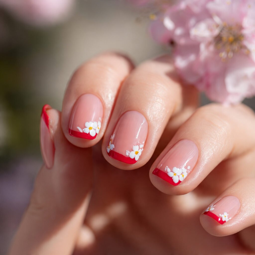 close up of square shaped nail art red french tip